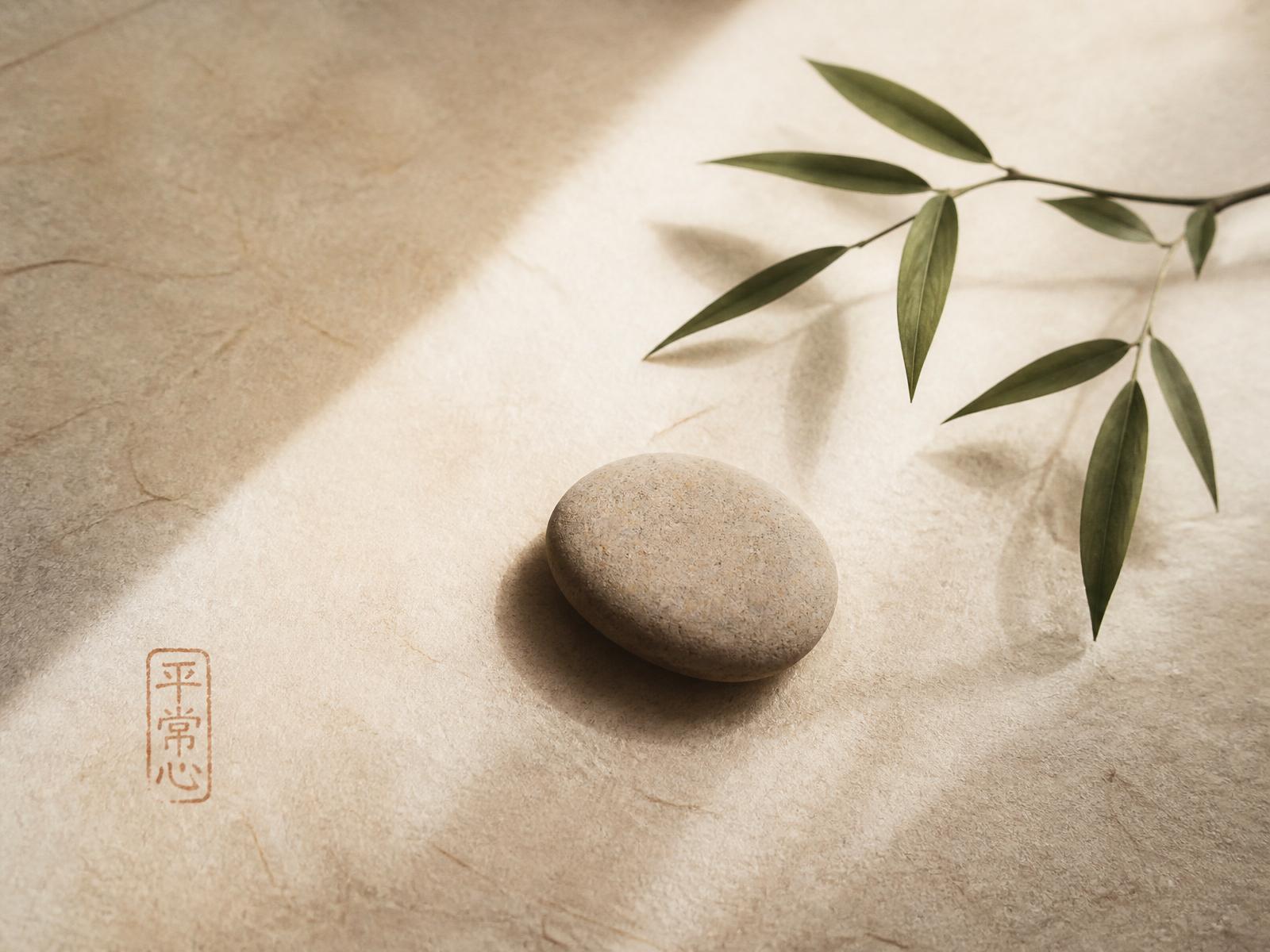 A river stone on warm washi paper — a study in stillness